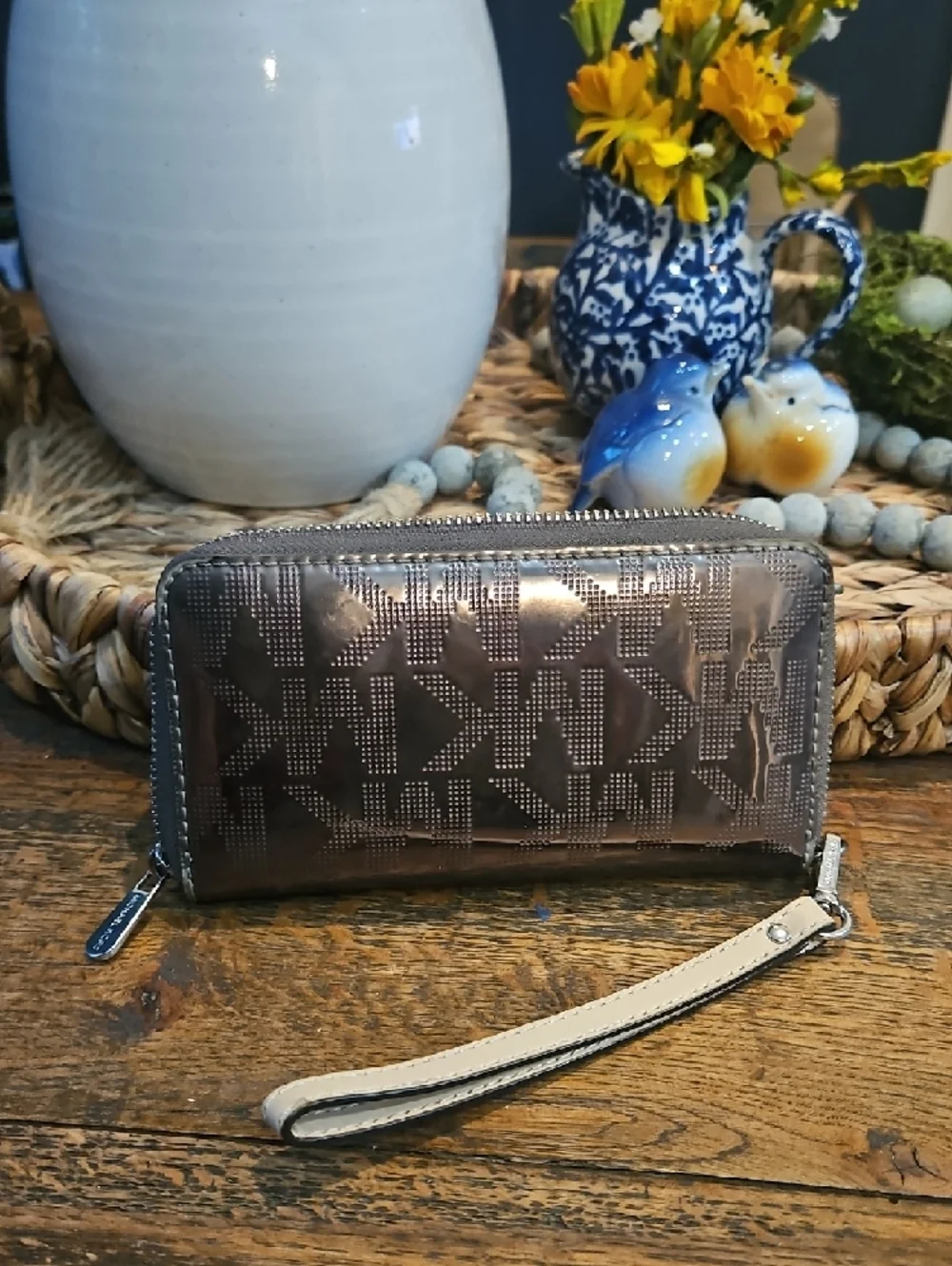 Michael Kors Metallic Bronze Logo Wristlet Wallet with Cream Strap‎